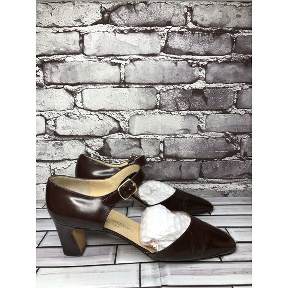 Silvia Florentina Brown Patent Leather Mary Jane Strap Heels Women Sz 9M US/40EU - Picture 5 of 16